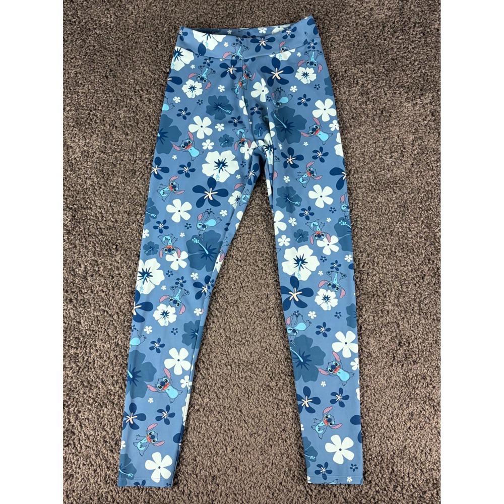 Disney Lilo & Stitch Blue Tropical Hibiscus Floral Leggings Womens Size Small